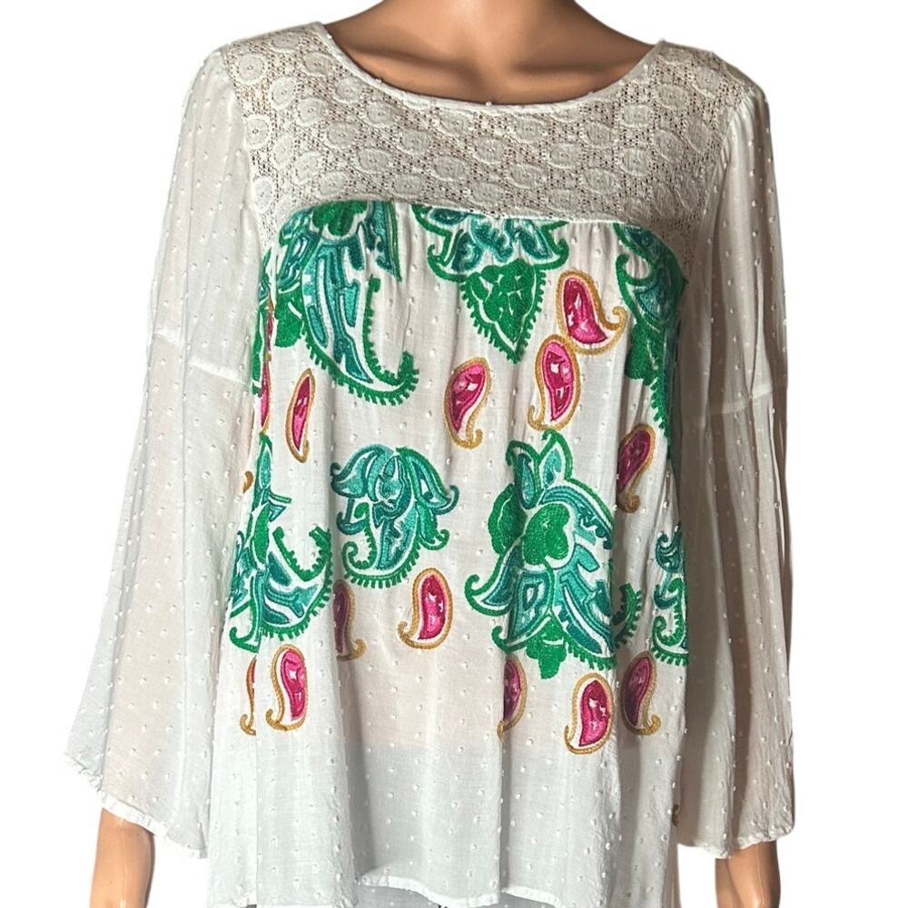 Olive Hill white w/vibrant Embroidery & Lace boho peasant top size L